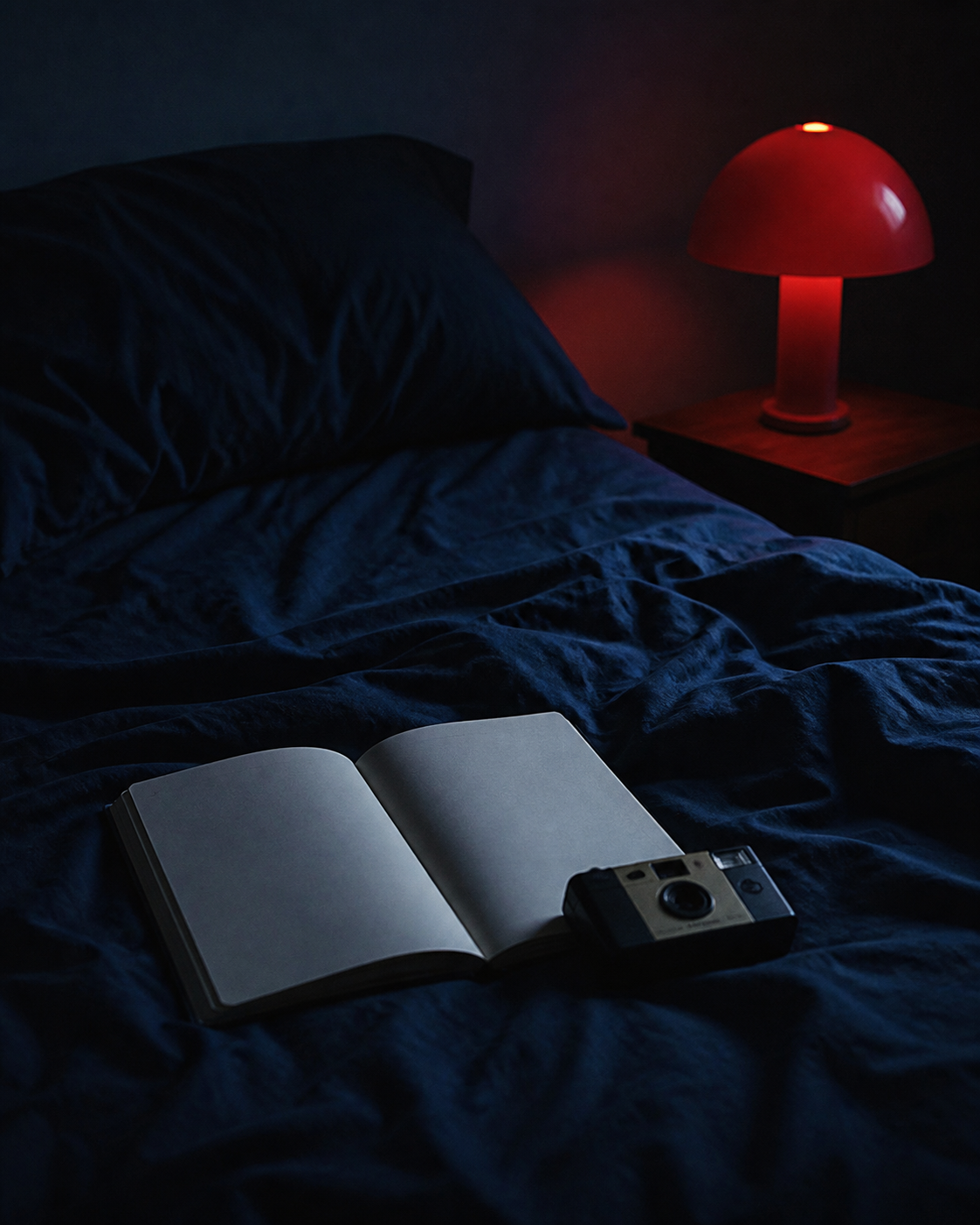 An open notebook and disposable camera on a midnight-blue bed.